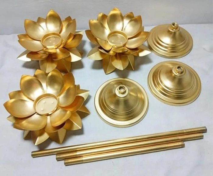 Ekum lotus stand diya (set of 3); Metal Art