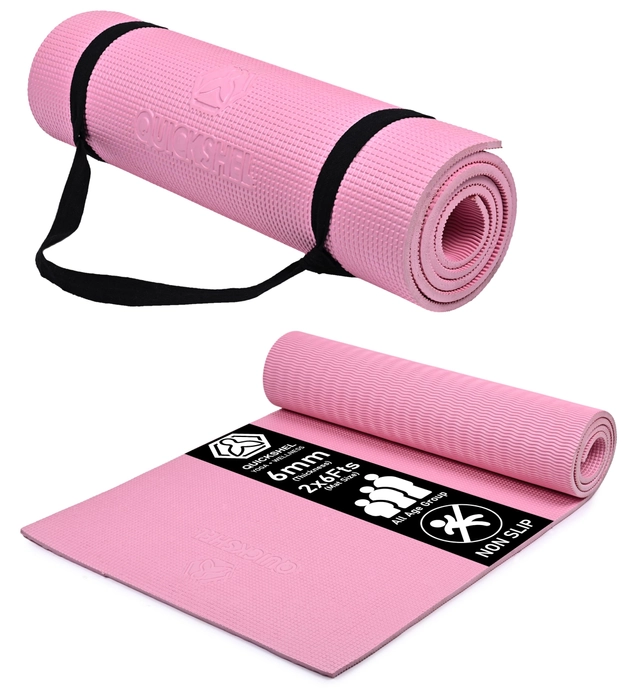 Quick Shel Yoga mats Exercise Mat Anti-Skid Water/Dirt Proof Lightweight easy to Carry for home and gym workouts for men women children with Carry Strap (Pink) (2fts x 6fts) (6mm Thickness)