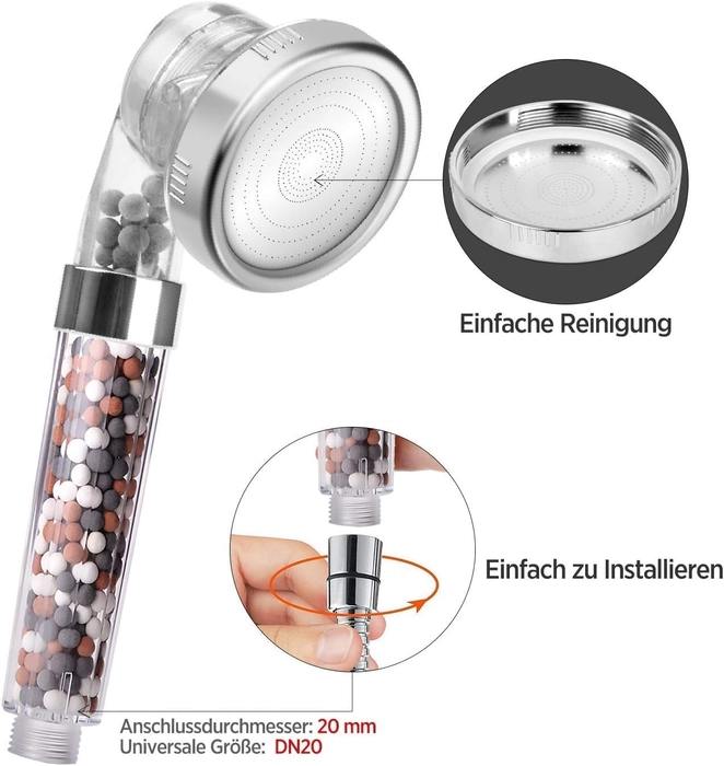 Pommeau de Douche, Magichome Pommeau Douche Anti Calcaire avec Tuyau Économiseur d'Eau Haute Pression Filtre à Système de Filtrage Ionique (3 Filtration...