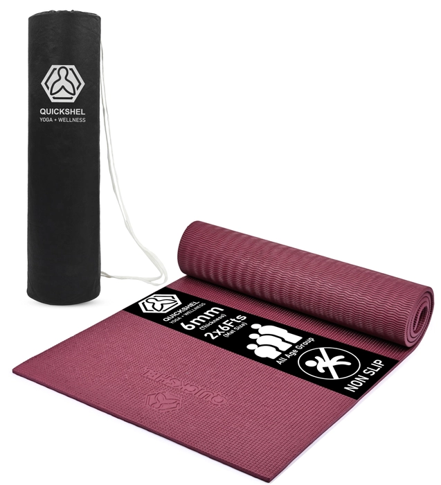 Quick Shel Yoga mats Exercise Mat Anti-Skid Water/Dirt Proof Lightweight easy to Carry for home and gym workouts for men women children with Carry Bag (Wine) (2fts x 6fts) (6mm Thickness)