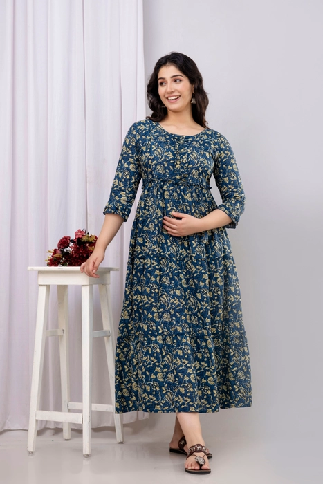Henal Cotton Navy Blue Leaf Print Maternity Dress – Comfortable Maxi for Pregnancy & Nursing