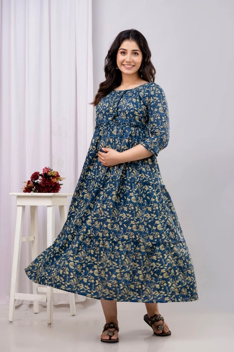 Henal Cotton Navy Blue Leaf Print Maternity Dress – Comfortable Maxi for Pregnancy & Nursing