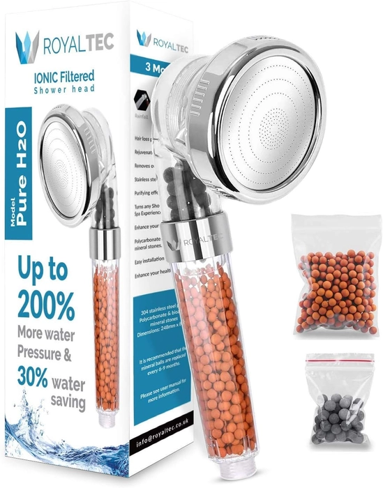 ROYALTEC Pommeau de douche anti-calcaire, douche spa haute pression 2 en 1 eco, 3 modes et un jeu de pierres de rechange de rechange.