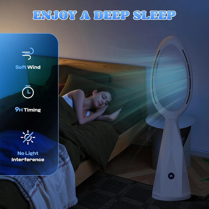 Moongiantgo 46" Ventilateur tour sans pales & chauffage avec télécommande et filtre HEPA - 10 vitesses, oscillation 80°, mode nuit, protection anti-bascule, pour pièce/maison/bureau (blanc)