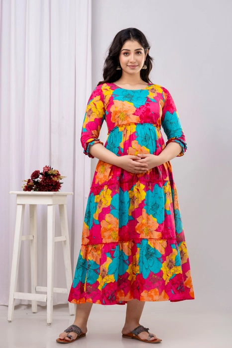 Henal Floral Maternity Dress – Vibrant Multicolor Maxi for Pregnancy & Nursing Comfort
