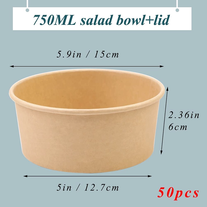 750ML Paper Salad Bowl with Lid, Kraft Paper Salad Disposable Container