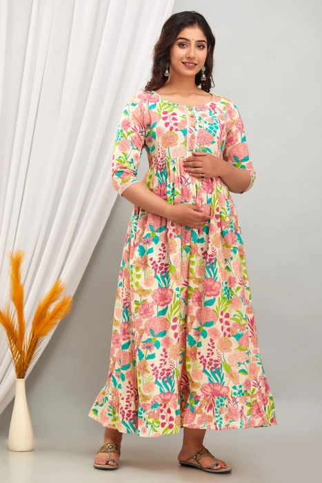 Floral Printed Cotton Maternity Dress for Women with Front Button Detailing