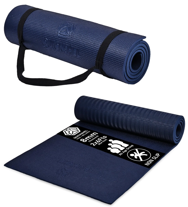 Quick Shel Extra Thick 8mm Thickness Yoga mats Exercise Mat Anti-Skid Water/Dirt Proof Lightweight easy to Carry for home and gym workouts for men women children with Carry Strap (Navy Blue) (2fts x 6