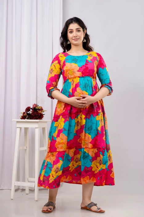 Henal Floral Maternity Dress – Vibrant Multicolor Maxi for Pregnancy & Nursing Comfort