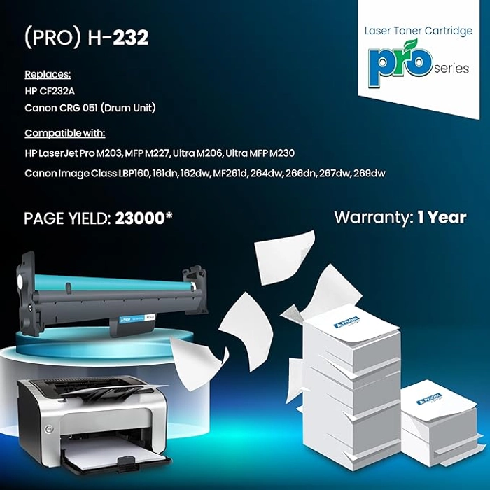 ProDot (H-232 Laser Toner Cartridge for HP CF232A & Canon CRG 051 (Drum Unit) Compatible with HP Laserjet Pro M203, MFP M227, Ultra MFP M230 & Canon Image Class LBP160, MF261d, 264dw (Pack of 1)