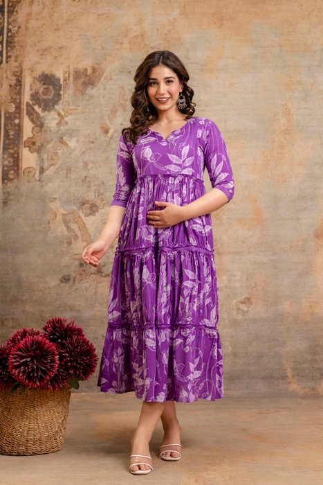 Henal Maternity Floral Printed Tier Dress – Purple