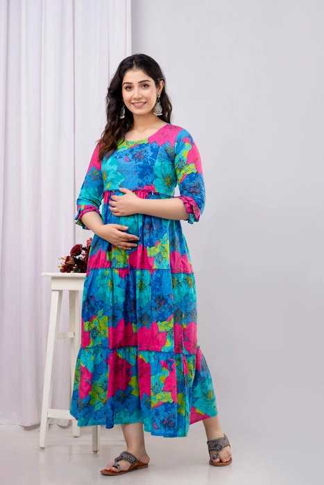 Henal Blue Multicolor Floral Cotton Maternity Dress – Bold & Breezy Pregnancy Maxi