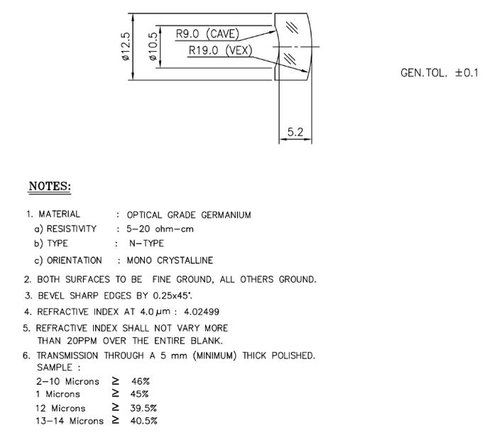 Blank Ge Meniscus Lens Dia 12.5 Thk 5.2mm