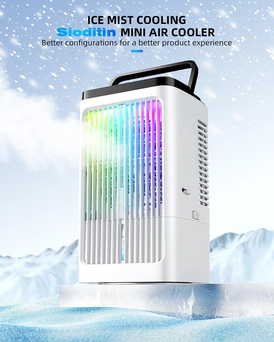 1200ML Rafraichisseur d'air portable Silencieux 5 en 1 avec 90° Oscillation, 4 Vitesses, 2 Modes de Brumisation, Chambre à Coucher, Minuteries, Bureau, Cuisine