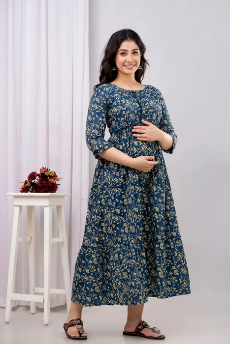 Henal Cotton Navy Blue Leaf Print Maternity Dress – Comfortable Maxi for Pregnancy & Nursing