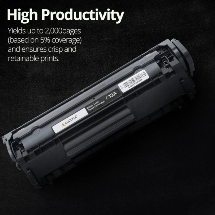 Coconut 12A Laser Toner Cartridge – Black | Compatible with HP 12A (Q2612A) | Page Yield: Up to 1500 Pages | Easy to Refill