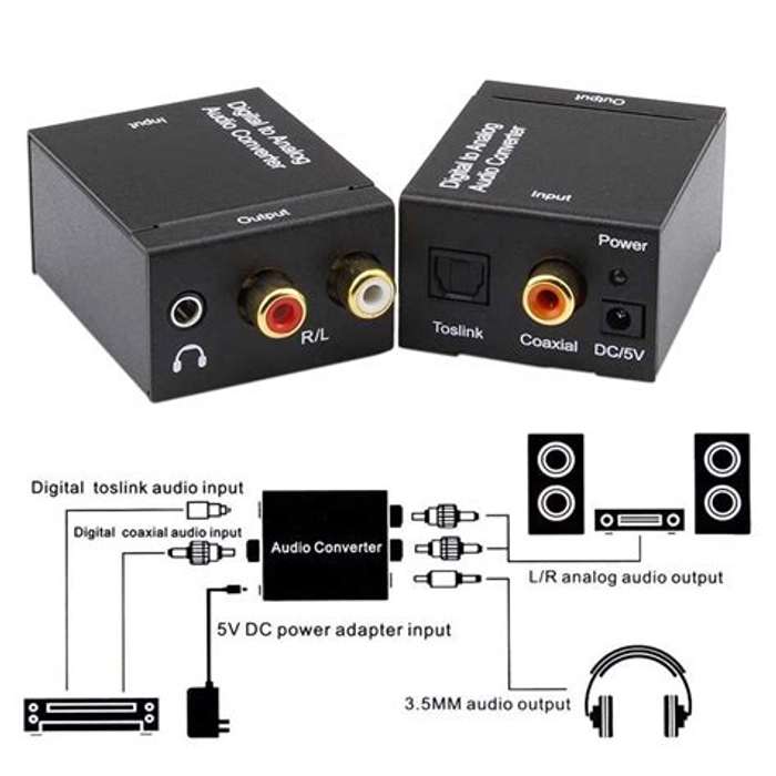 Metal Body Digital to Analog Optical coaxial Output and Optical Audio Converter RCA Input with Cable (Black)