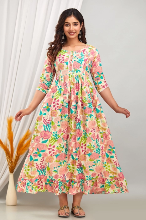 Floral Printed Cotton Maternity Dress for Women with Front Button Detailing