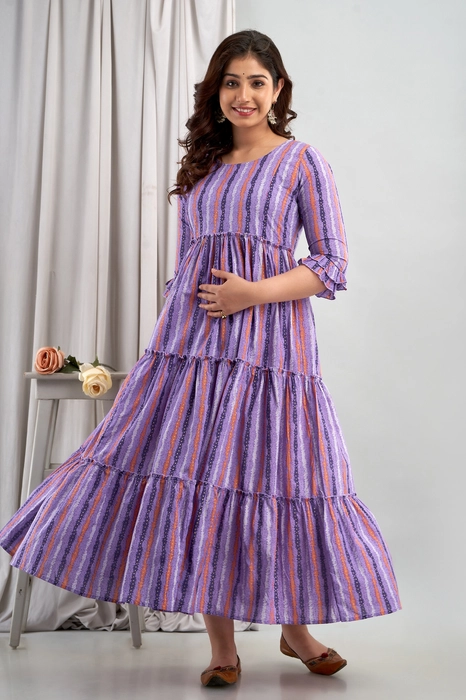 Purple Striped Cotton Maternity Dress for Women – Tiered Flare with 3/4 Ruffle Sleeves