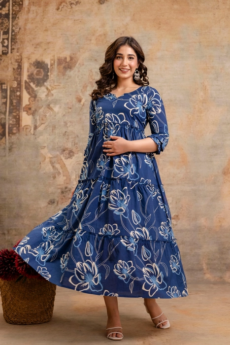 Henal Maternity Floral Printed Maxi Dress – Navy Blue