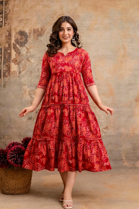 Henal Crimson Garden Maternity Dress – Red Floral Cotton Tiered Kurti Gown
