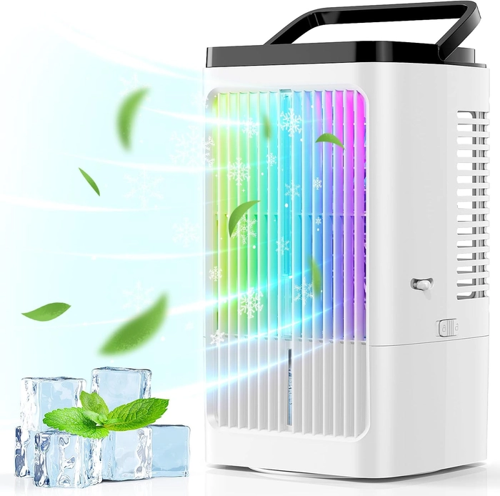 1200ML Rafraichisseur d'air portable Silencieux 5 en 1 avec 90° Oscillation, 4 Vitesses, 2 Modes de Brumisation, Chambre à Coucher, Minuteries, Bureau, Cuisine