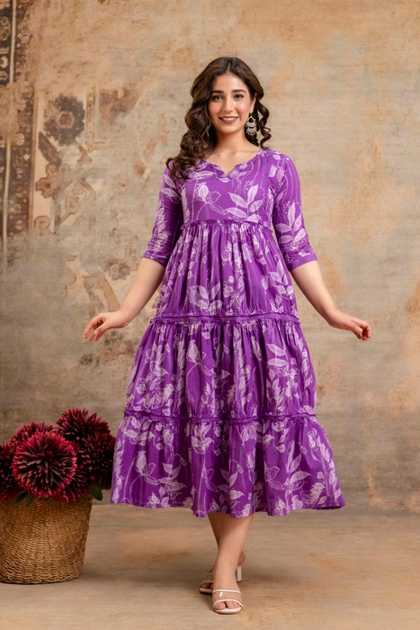 Henal Maternity Floral Printed Tier Dress – Purple