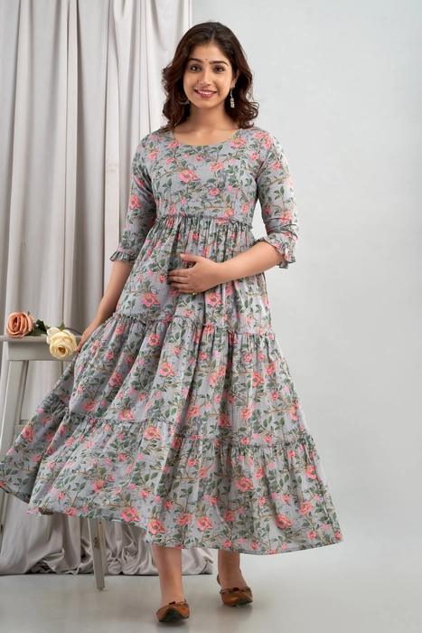 Grey Floral Printed Cotton Maternity Dress – Tiered Gown with 3/4 Ruffle Sleeves