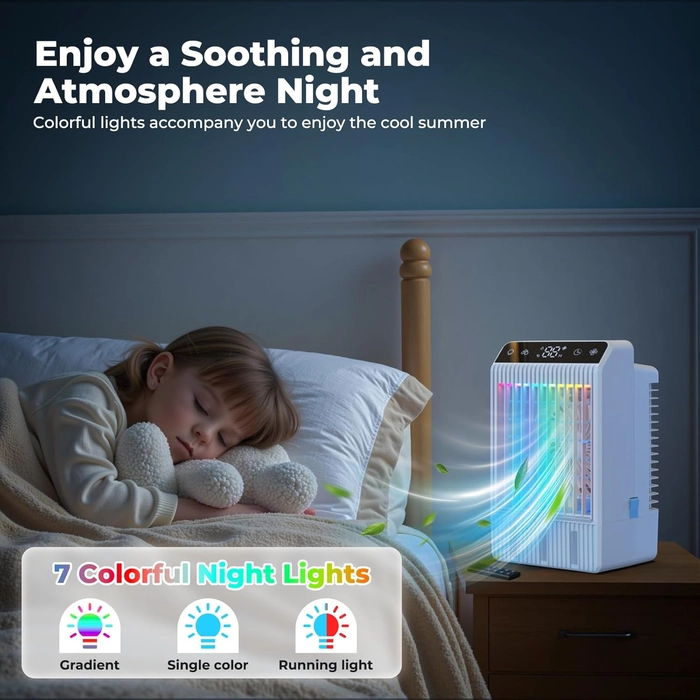 Climatiseur Mobile avec Ecran, 1000 ml Refroidisseur D'air, 4-EN-1 Ventilateur Humidificateur Mini Clim avec Double Pulvérisation et Lumière, 4 Vitesses de Synchronisation Climatiseurs Portables