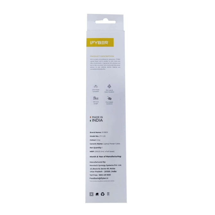 iFYBER iFY-L22 3 Pin Laptop Power Cord – Grey (1.5 Meter)