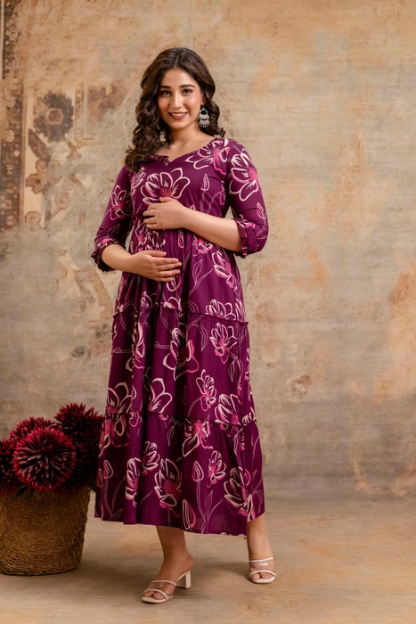 Henal Floral Print Maternity Dress – Plum Purple