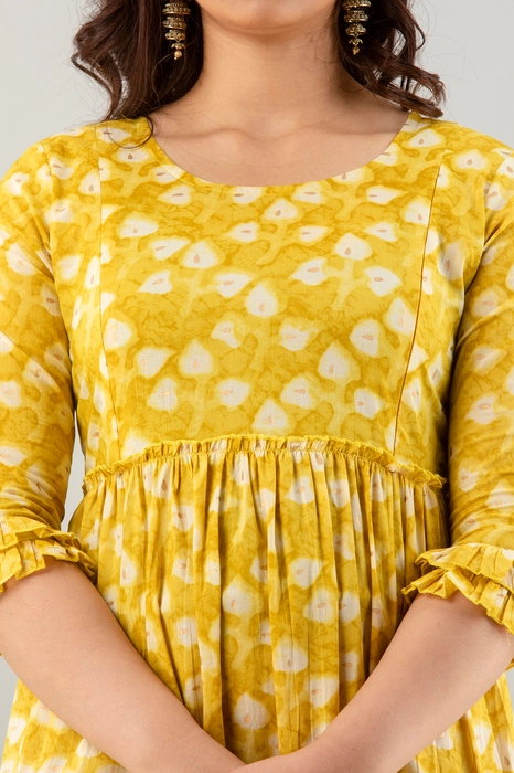 Yellow Floral Cotton Maternity Dress – Tiered Anarkali with 3/4 Sleeves