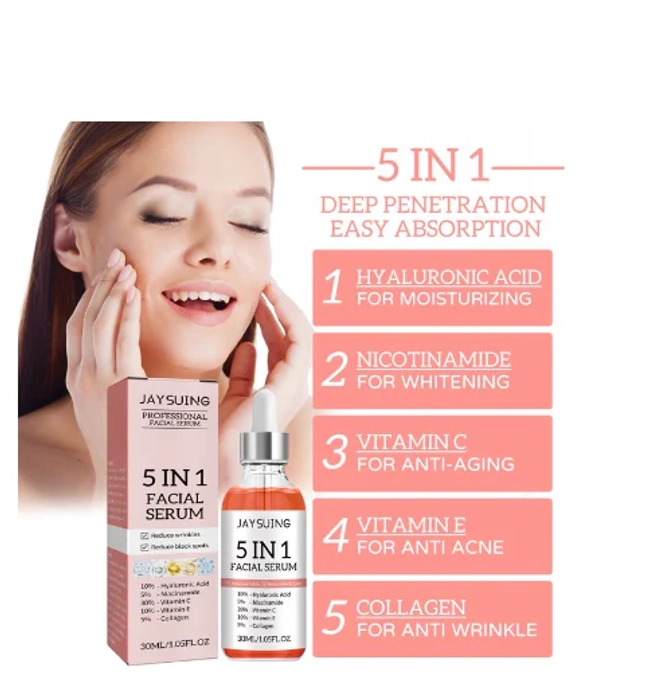 5 IN 1 FACIAL SERUM WITH HYALURONIC ACID, NIACINAMIDE, COLLAGEN, VITAMIN C & E - 30 ML