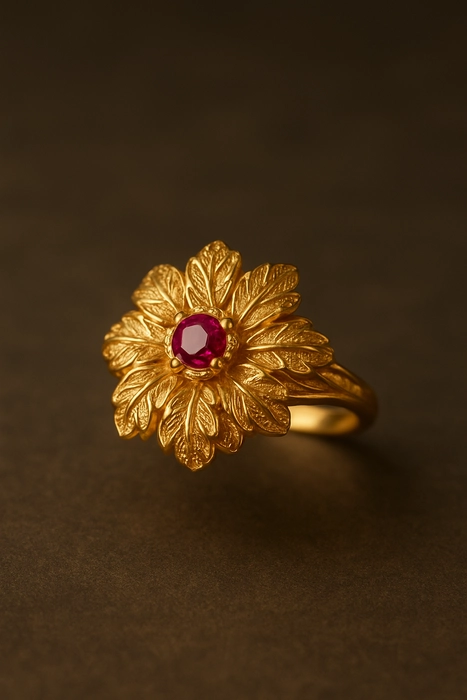 🌸 Flower-Inspired Gold Ring | Elegant Ruby Accent