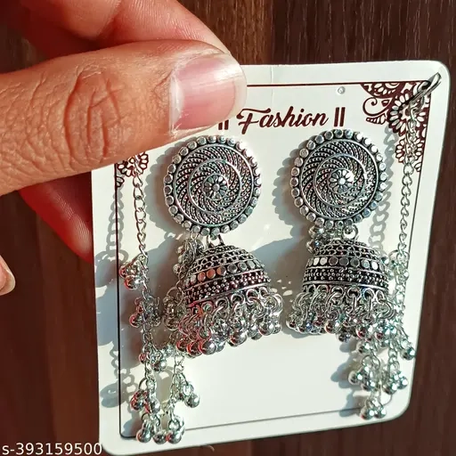 Jhumka Set Bahubali Jumka with hair chain Earrings for Women Oxidized Silver Jumka for Girl Earring jhumka Bahubali oxidised silver earrings jumki long Jhumka earring Silver jumki earrings Oxidised Si