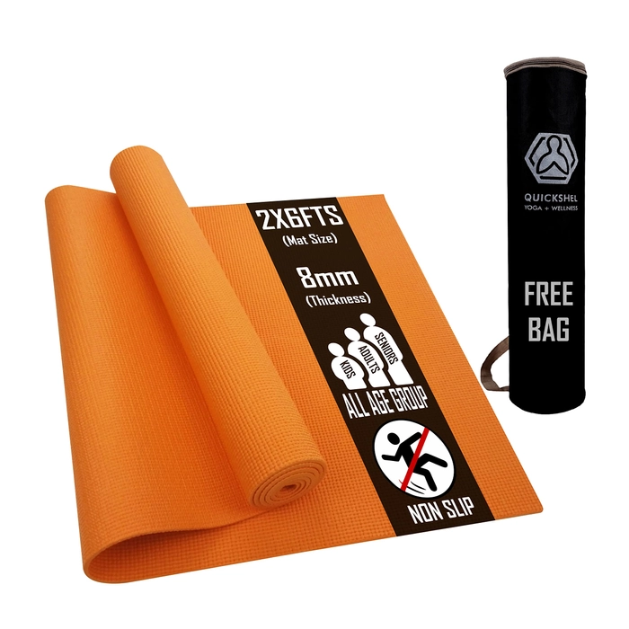 Quick Shel Extra Thick 8mm Thickness Yoga mats Exercise Mat Anti-Skid 8mm thickness Water/Dirt Proof Lightweight easy to Carry for home and gym workouts for men women children with Carry Bag (Orange)