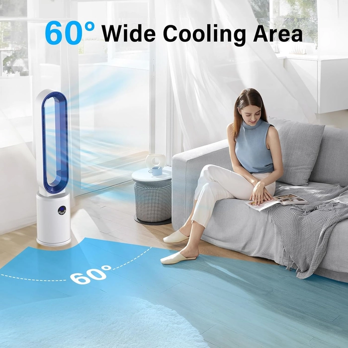 YAZEKY Ventilateur Colonne Sans Pale,24 Vitesses Ventilateur Tour Silencieux,Ventilateur de Sol Oscillant à 60,Écran LED,Minuterie De 12 Heures, Ventilateur Sur Pied Pour Chambre à Coucher (bleu)