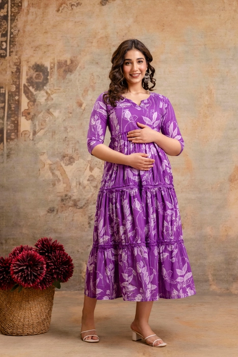 Henal Maternity Floral Printed Tier Dress – Purple