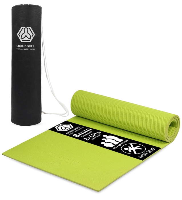 Quick Shel Extra Thick 8mm Thickness Yoga mats Exercise Mat Anti-Skid 8mm thickness Water/Dirt Proof Lightweight easy to Carry for home and gym workouts for men women children with Carry Bag (Green) (