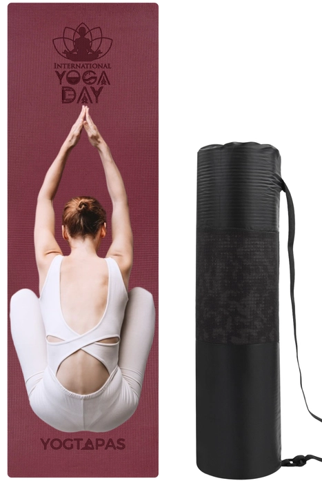 YOGTAPAS 6MM Thick | International Yoga Day Yoga Mat with Bag For Women and Men | Anti-Skid Exercise Printed Mat Extra Long & Wide (Color - Wine)(Mat Size - 2fts x 6fts)