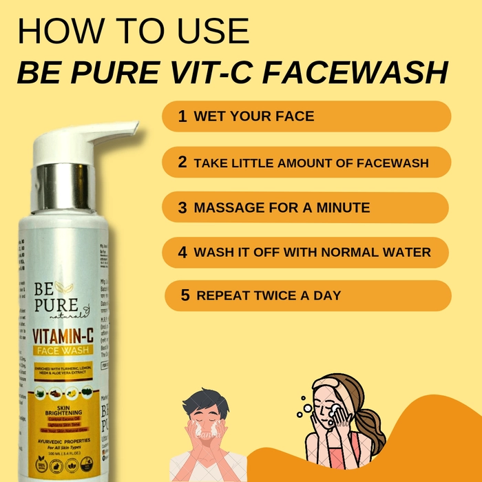 Be Pure Naturals Vitamin-C Facewash with Organic Haldi, Chandan, Kesar for Natural Glowing Skin with Acne & Pimple Removal Formula (100ml, Orange)