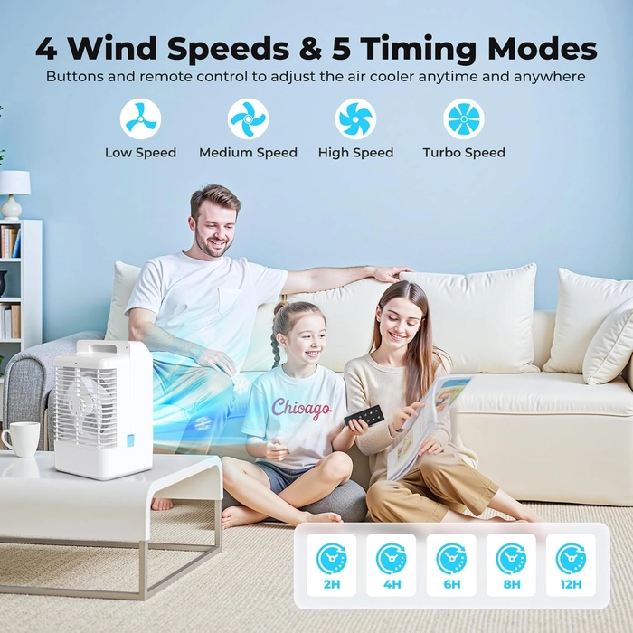 Climatiseur Mobile avec Ecran, 1000 ml Refroidisseur D'air, 4-EN-1 Ventilateur Humidificateur Mini Clim avec Double Pulvérisation et Lumière, 4 Vitesses de Synchronisation Climatiseurs Portables