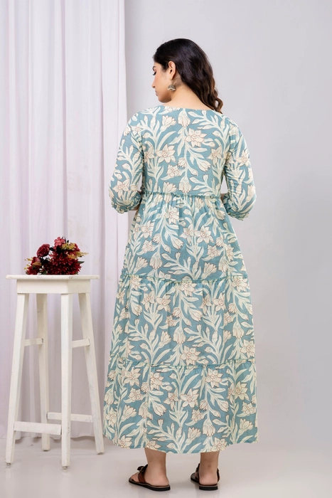 Sage Green Floral Cotton Maternity Dress – Tiered Maxi with Ruffle Sleeves
