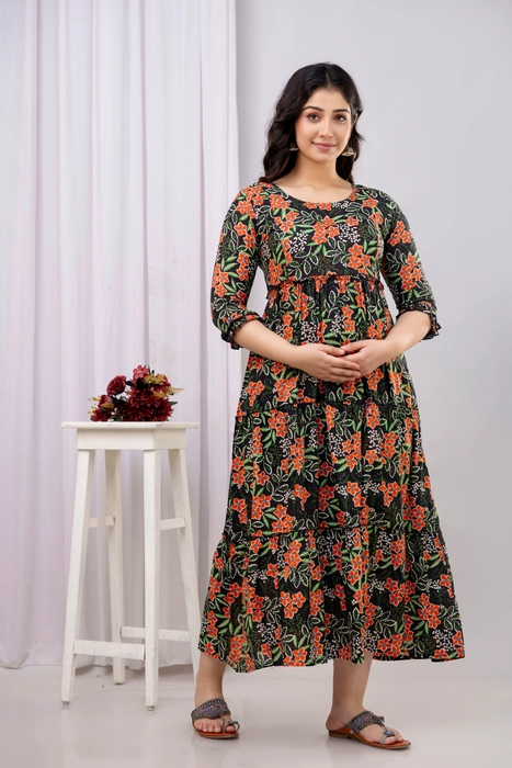 Henal Dark Green Floral Maternity Dress – Pure Cotton Comfort for Moms-to-Be