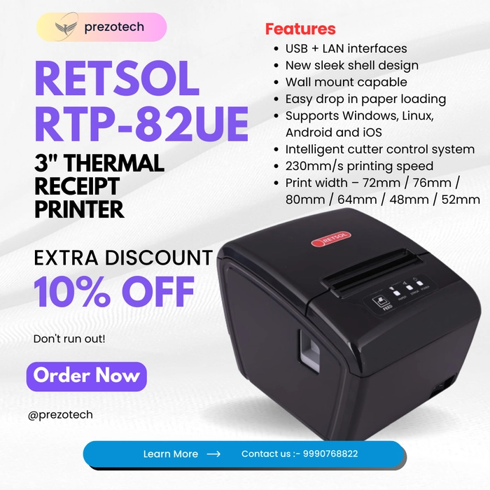 Retsol RTP-82UE 3 inch Thermal Receipt Printer For Receipt, Payment, Retail, Restaurant, Logistics, Super market, Catering, Medical care etc.,