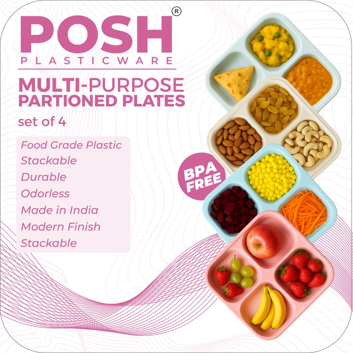 Four Compartment Plates (Multi-color) – Set of 4 (10.5 Inch)