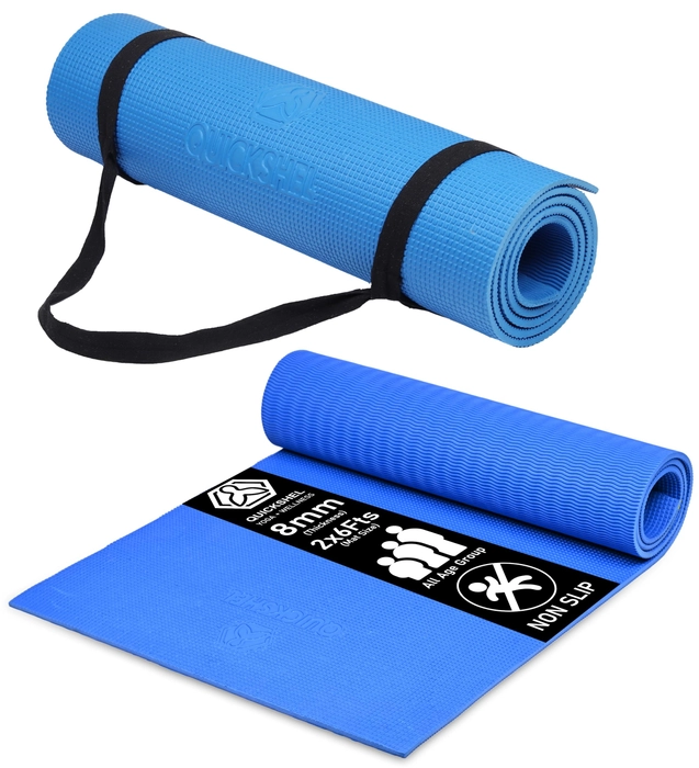 Quick Shel Extra Thick 8mm Thickness Yoga mats Exercise Mat Anti-Skid Water/Dirt Proof Lightweight easy to Carry for home and gym workouts for men women children with Carry Strap (Blue) (2fts x 6fts)