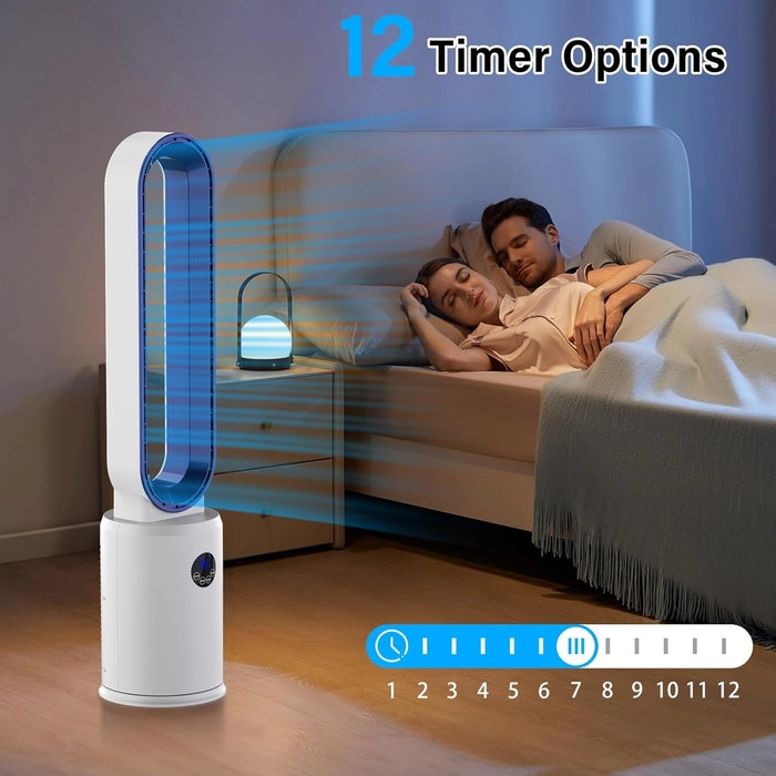 YAZEKY Ventilateur Colonne Sans Pale,24 Vitesses Ventilateur Tour Silencieux,Ventilateur de Sol Oscillant à 60,Écran LED,Minuterie De 12 Heures, Ventilateur Sur Pied Pour Chambre à Coucher (bleu)