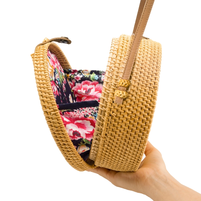 Handwoven Round good Rattan Bag Shoulder Leat