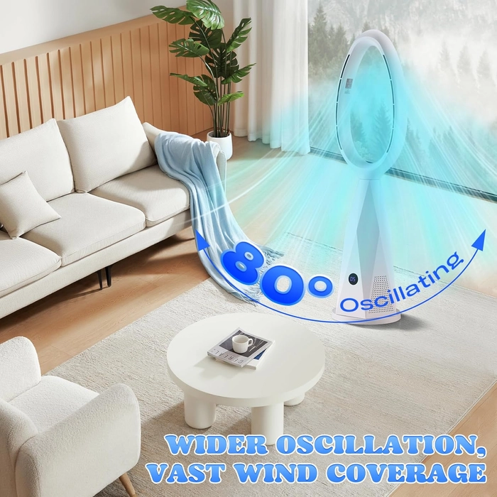 Moongiantgo 46" Ventilateur tour sans pales & chauffage avec télécommande et filtre HEPA - 10 vitesses, oscillation 80°, mode nuit, protection anti-bascule, pour pièce/maison/bureau (blanc)